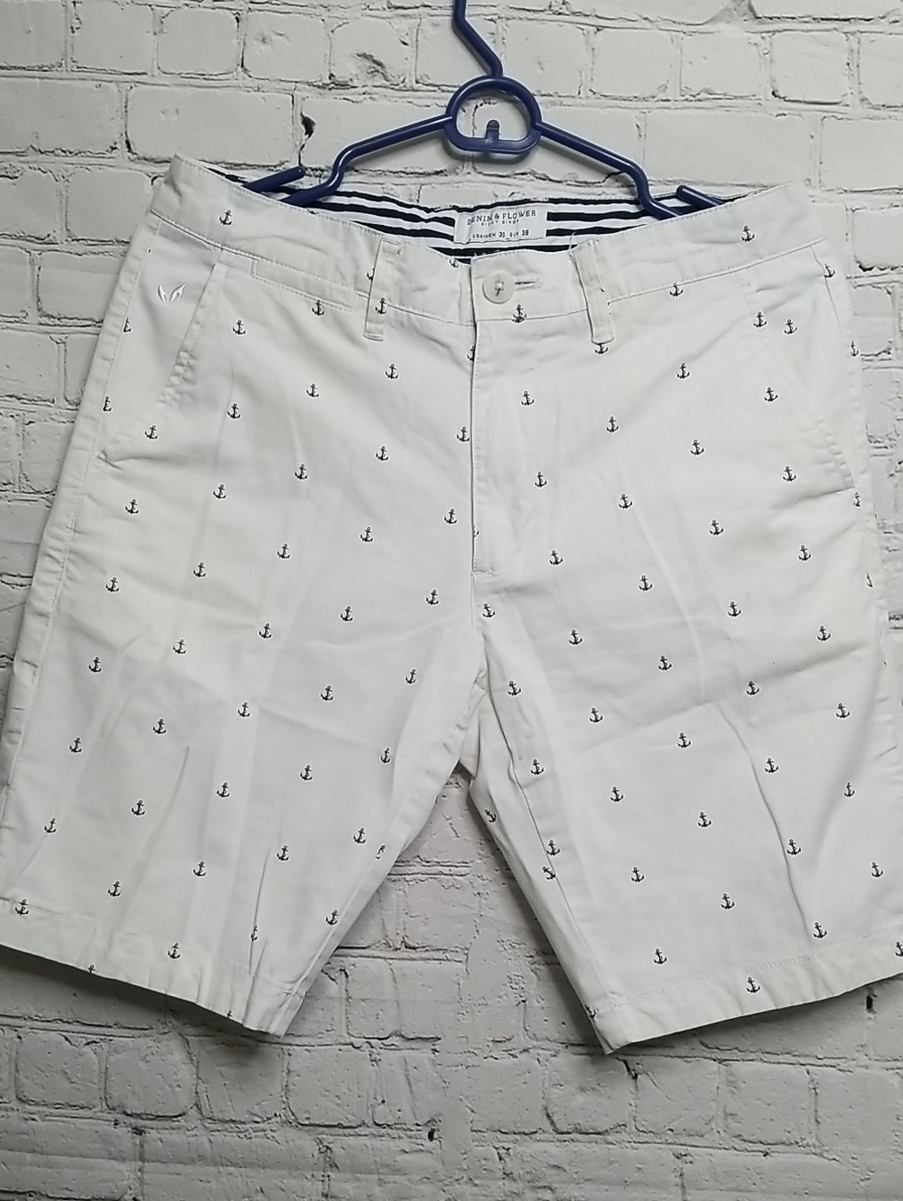 Denim & Flower Mens Shorts White Navy Anchors Size Small